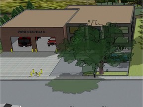 An artist's rendering of Saskatoon's Queen Elizabeth fire station, which will relocate about eight blocks south to increase response times to Stonebridge. The No. 3 fire station will reopen in 2018 near St. Martin's United Church, on a lot the city is buying from the congregation.