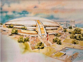 Architect Gary Marvin designed this proposed downtown arena to be located just south of the Farmers' Market. The proposed location was rejected in a Saskatoon referendum in 1985.