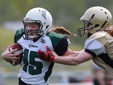 Valkyries QB Alex Eyolfson scores a touchdown during first half action against the Manitoba Fearless at SMF Field in Saskatoon on May 15, 2016.