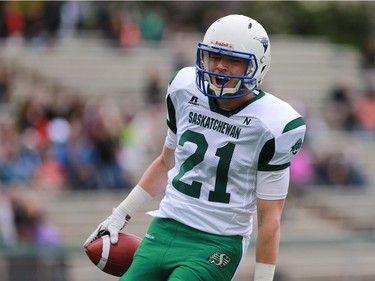 North's Carter Dahl scores a touchdown during 6 Man Ed Henick Senior Bowl action at SMF Field in Saskatoon on May 23, 2016.