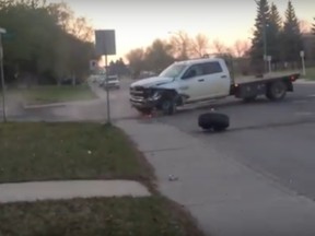 A hit-and-run involving a stolen truck was caught on video on May 7, 2016
The crash took place around 5:40 a.m. when a stolen 2015 Dodge Ram 5500 crashed into a parked Ford F150 in the 2500 block of Taylor Street East.