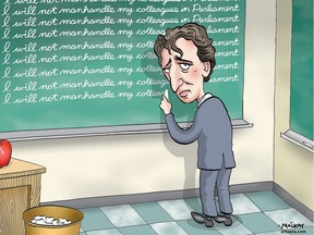 Editorial Cartoon by Graeme MacKay, Thursday May 19, 2016  Justin Trudeau 'manhandled' MP in Commons uproar, opposition says  Parliament turned downright ugly when an impatient Prime Minister Justin Trudeau crossed the aisle to drag an opposition MP forward so a vote could take place, knocking aside a female NDP MP who was so shaken she had to leave the chamber.   The encounter Wednesday led to a shouting match between Trudeau and NDP Leader Tom Mulcair after Trudeau briefly crossed the floor a second time appearing to look for someone. Mulcair can be heard on Commons video footage yelling at Trudeau: "What kind of man elbows a woman? You're pathetic."   The confrontation took place late in the day prior to a vote on a government bid to limit debate on its assisted suicide bill, with the opposition already furious at another Liberal move to seize control over the parliamentary agenda.   The mood was tense as each side traded insults. By the end of the day, tempers before the vote were running high. As Trudeau crossed the floor, he was allegedly overheard by NDP MPs to say "Get the f--- out of my way."   The opposition erupted in outrage as the Speaker called for order, and ordered MPs to stop taking photos. At the far end of the Commons, former prime minister Stephen Harper stood watching it unfold.  New Democrat House leader Peter Julian rose to accuse Trudeau of "manhandling" the Conservative whip, Gord Brown, and physically pushing aside the NDP's whip, Ruth-Ellen Brosseau.  "I have been in the House now for 12 years and I have never seen what just transpired in the House of Commons," he said.  Trudeau stood to offer an apology, saying he thought Brown, the official Opposition whip -- who ensures Opposition MPs are in place for a vote -- was "impeded," causing the vote to be delayed. "I felt that this lacked in respect for Parliament," he said, adding he "offered my arm, extended, to help him come through the gaggle of MPs standing there." (Source: Toronto Star) ht