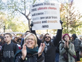 Green Party leader Elizabeth May participates in a No to Energy East demonstration in Montreal in 2015.