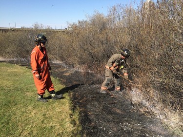 Firefighters worked to put out what remained of a grassfire on the east riverbank between the Broadway and University Bridges in Saskatoon, April 30, 2016.