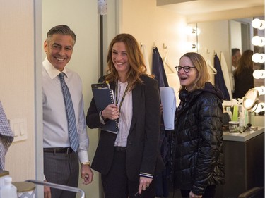 L-R: George Clooney, Julia Roberts and director Jodie Foster on the set of TriStar Pictures' "Money Monster."