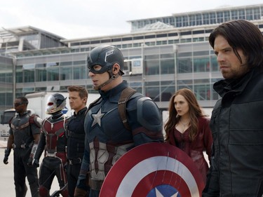 L-R: Anthony Mackie, Paul Rudd, Jeremy Renner, Chris Evans, Elizabeth Olsen and Sebastian Stan star in "Captain America: Civil War."