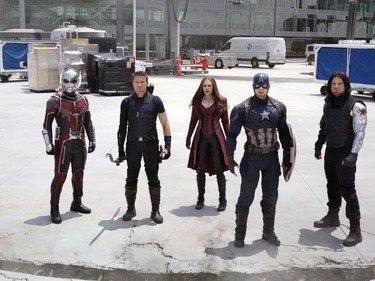 L-R: Paul Rudd, Jeremy Renner, Elizabeth Olsen, Chris Evans and Sebastian Stan star in "Captain America: Civil War."