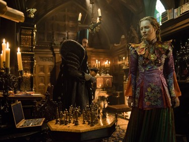 In this image released by Disney, Sacha Baron Cohen, left, and Mia Wasikowska appear in a scene from "Alice Through The Looking Glass." (Peter Mountain/Disney via AP) ORG XMIT: NYET122