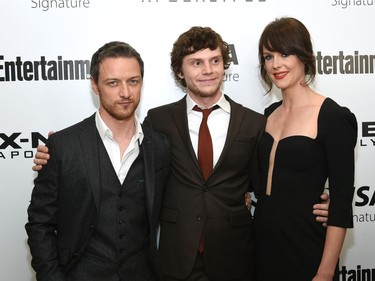 L-R: James McAvoy, Evan Peters and Carolina Bartczak attend a special screening of "X-Men: Apocalypse" at Time Inc., May 24, 2016 in New York.
