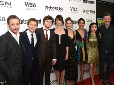 L-R: James McAvoy, Tye Sheridan, Evan Peters, Carolina Bartczak, Rose Byrne, Alexandra Shipp, Lana Condor and writer/producer Simon Kinberg attend a special screening of "X-Men: Apocalypse" at Time Inc., May 24, 2016 in New York.