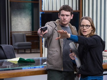 Jack O'Connell and director Jodie Foster on the set of TriStar Pictures' "Money Monster."