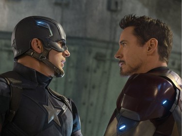 Chris Evans as Captain America/Steve Rogers and Robert Downey Jr. as Iron Man/Tony Stark in "Captain America: Civil War."
