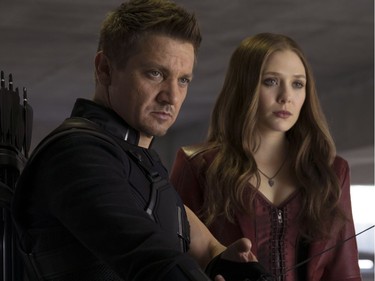 Jeremy Renner as Hawkeye/Clint Barton and Elizabeth Olsen as Scarlet Witch/Wanda Maximoff in "Captain America: Civil War."