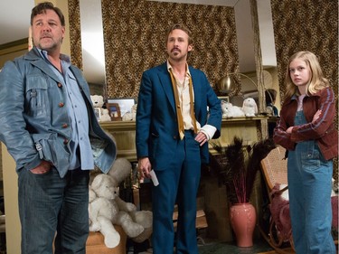 L-R: Russell Crowe, Ryan Gosling and Angourie Rice star in "The Nice Guys."