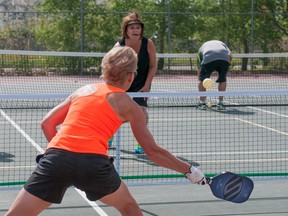 Pickle ball players give a demonstration of the sport during a event promoting the upcoming Original Masters Sports Festival, which will be taking place from July 15-17. (Brandon Harder/Saskatoon StarPhoenix)