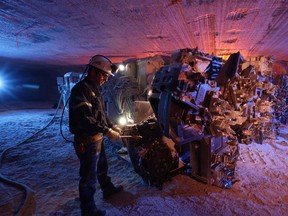 A Potash Corp. of Saskatchewan Inc. employee works underground at the Saskatoon-based company's Rocanville potash mine.