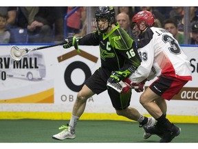 Saskatchewan Rush defender Chris Corbeil, left, and his teammates could punch thier ticket to the NLL final with a win tonight against the Calgary Roughnecks.