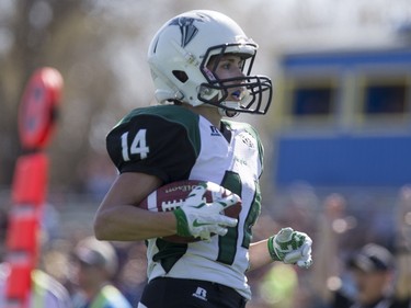 Saskatoon Valkyries running back Julene Friesen moves the ball against the Edmonton Storm during a Western Women's Canadian Football League (WWCFL) exhibition game at SMF field on Saturday, April 30, 2016