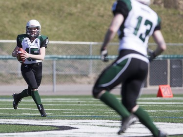 Saskatoon Valkyries quarterback Alex Eyolfson looks to make a pass against the Edmonton Storm during a Western Women's Canadian Football League (WWCFL) exhibition game at SMF field on Saturday, April 30, 2016