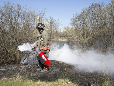 Saskatoon Firefighters respond to multiple fires along the Meewasin Trail between the University and Broadway Bridges, April 30, 2016.