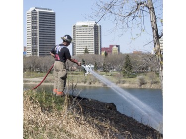 Saskatoon Firefighters respond to multiple fires along the Meewasin Trail between the University and Broadway Bridges, April 30, 2016.