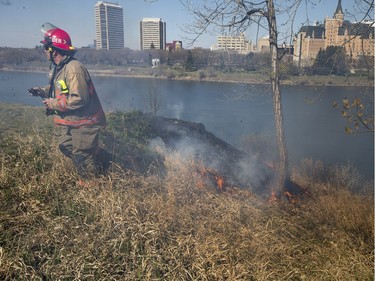 Saskatoon Firefighters respond to multiple fires along the Meewasin Trail between the University and Broadway Bridges, April 30, 2016.