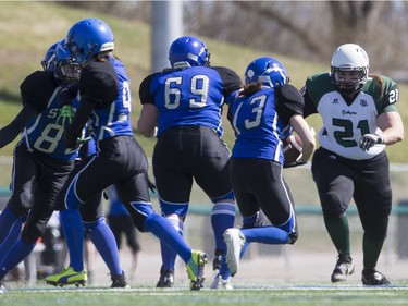 The Saskatoon Valkyries and the Edmonton Storm clashed during a Western Women's Canadian Football League (WWCFL) exhibition game at SMF field on Saturday, April 30, 2016.