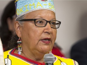 Chief Margaret Bear of Okima-Ochapowace spoke after Onion LakeÕs Chief Wallace Fox speech while hosting a new conference to discuss the court case appealing the federal government's law on financial disclosure, August 20, 2015 (GORD WALDNER/The StarPhoenix)