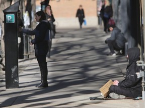 Panhandlers frequent 21st Street between 1st and 2nd Avenues on March 18, 2015 in Saskatoon.