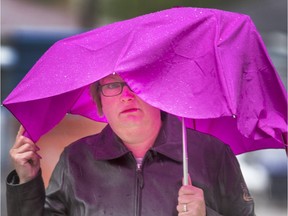 It's bad enough that it's cold and rainy, but Carla Kirkham has to do battle with the wind and a crumbling umbrella on May 10, 2016.