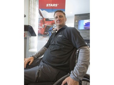 Survivor Jason Simpson, who was a STARS patient, takes part in the STARS annual Lottery launch at the Grand Prize show home at 104 Greenbryre Crescent North in Saskatoon, May 12, 2016.