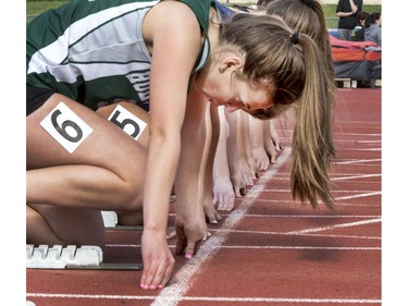 "On your mark" for the senior girls 60-metre racers at the Saskatoon High School Track and Field Championships at Griffith Stadium, May 25, 2016.