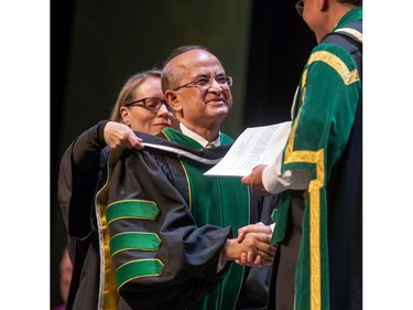 Dr. Rajat Nag receives an honorary degree at the University of Saskatchewan 2016 Spring Convocation at TCU Place, May 30, 2016.
