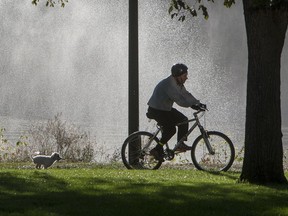 SASKATOON, SASK,: SEPTEMBER 11, 2013 - The shadow of a man and his dog exercising through Kiwanis Memorial Park with the sprinkler mist as a background, September 11, 2013. (Gord Waldner/ The StarPhoenix)