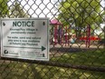 A city of Saskatoon sign warns park goers that the old Kinsmen play village is now closed in Saskatoon, Saskatchewan on Friday, May 20th, 2016.