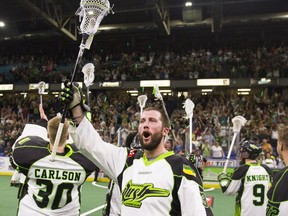 John LaFontaine celebrates Saskatchewan's 12-9 win, and NLL finals berth, Saturday night at SaskTel Centre.