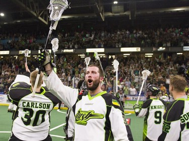 Saskatchewan Rush #33 John LaFontaine celebrates after a 12-9 win against the Calgary Roughnecks at SaskTel Centre in Saskatoon, May 21, 2016.