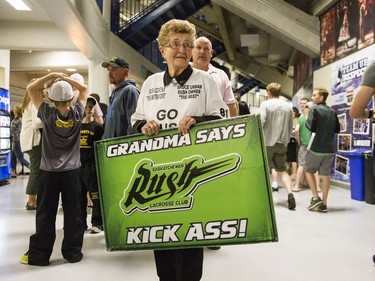 Joyce Souka hold up her sign while attending the Saskatoon Rush game at the SaskTel Centre in Saskatoon, Saskatchewan on Saturday, May 21st, 2016.