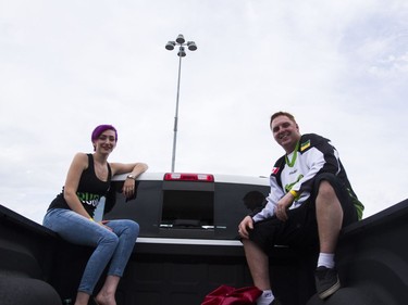 Stefanie Pilon (right) and Chad Pilon (left) who are season ticket holders attend the Saskatoon Rush game at the SaskTel Centre in Saskatoon, Saskatchewan on Saturday, May 21st, 2016.