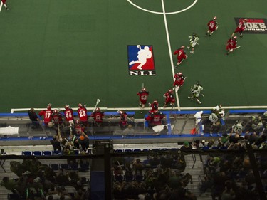 The Calgary Roughnecks switch out their bench during the game against the Saskatchewan Rush at SaskTel Centre in Saskatoon, May 21, 2016.