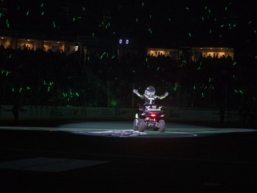 The opening ceremonies begin before the Saskatoon Rush play the Calgary Roughnecks at SaskTel Centre in Saskatoon, May 21, 2016.