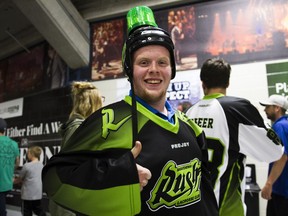 Tyler Fullowka wears a green lantern while attending the Saskatoon Rush game at the SaskTel Centre in Saskatoon, Saskatchewan on Saturday, May 21st, 2016.