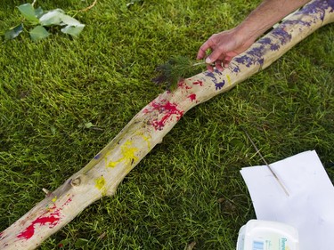 Andrew Morosini demonstrates painting with tree branches at the Pop-up Playground in Victoria Park, May 28, 2016. This playground is to help children focus on the natural work in Saskatoon.