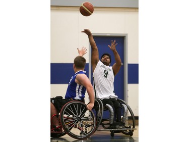 Saskatchewan Green's Ekram Nabi competes against BC Royals in the 2016 Junior West Regional Wheelchair Basketball Championship at Walter Murray Collegiate on May 1, 2016.