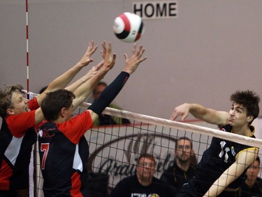The Pakmen Gold 17U Boys' Andrew Cianci spikes the ball to the Force during the U17 Boys Volleyball Canada Championship gold medal game at Henk Ruys Soccer Centre in Saskatoon on May 15, 2016.