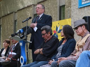 Mayor Don Atchison speaks at a media launch for a month-long series of events to promote reconciliation at CUMFI in Saskatoon on May 17, 2016.