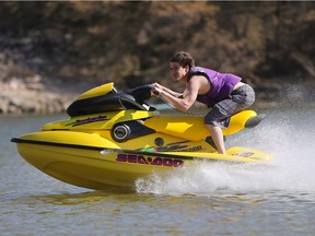 A man takes advantage of the warm weather with a Sea-Doo ride on the South Saskatchewan River Monday afternoon, May 2, 2016.