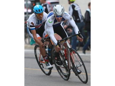 Andrew Davidson is in the lead in the categories 1 and 2 race at Bikes on Broadway in downtown Saskatoon on May 22, 2016.