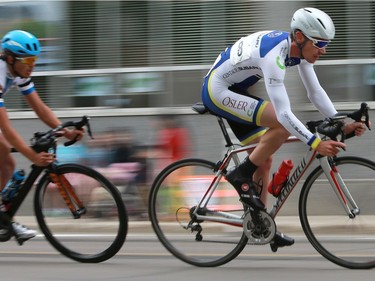 Andrew Davidson is in the lead in the categories 1 and 2 race at Bikes on Broadway in downtown Saskatoon on May 22, 2016.