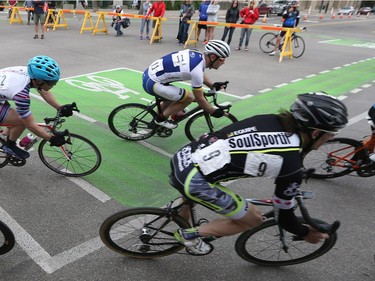 Cyclists in categories 1 and 2 race at Bikes on Broadway in downtown Saskatoon on May 22, 2016.